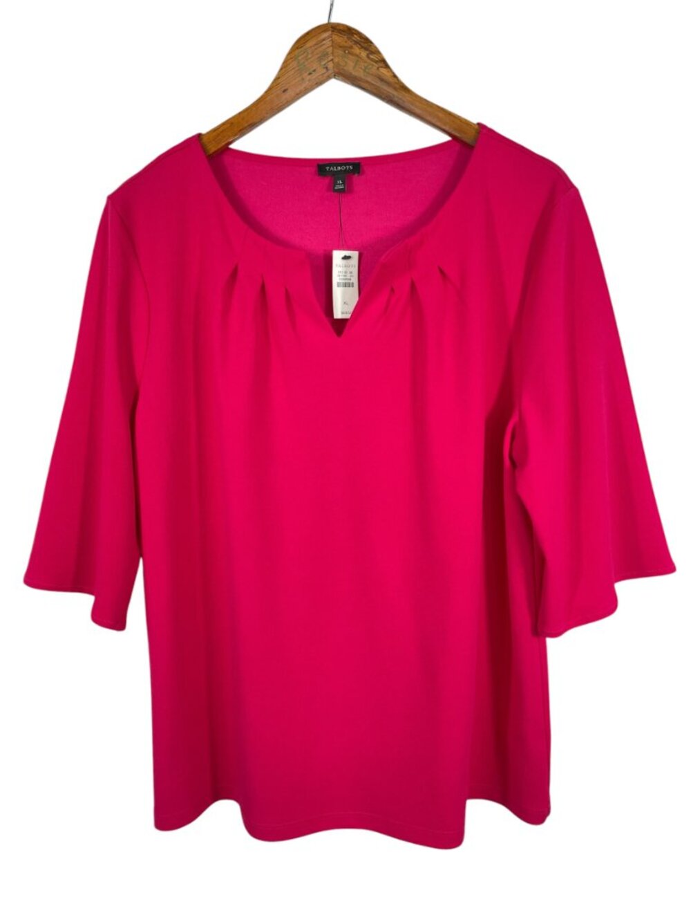 NWT Talbots Hot Pink Pleated Notch Neck Jersey Knit Top XL 3/4 Sleeve - Picture 2 of 9